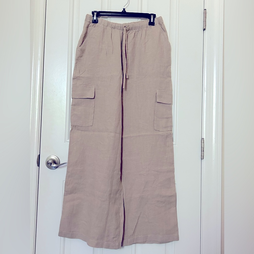 NWOT Caslon Drawstring Wide Leg Linen Cargo Pull On Pants W/ Pockets Tan Size S - Picture 7 of 11
